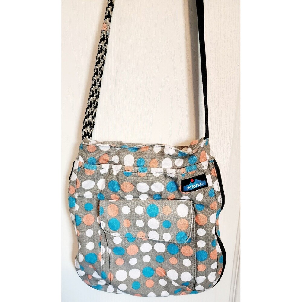 Kavu Crossbody Bag Polka Dots Gray White Teal Peach